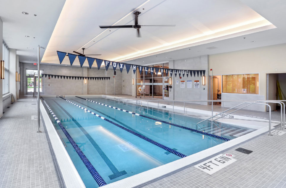A large indoor heated swimming pool